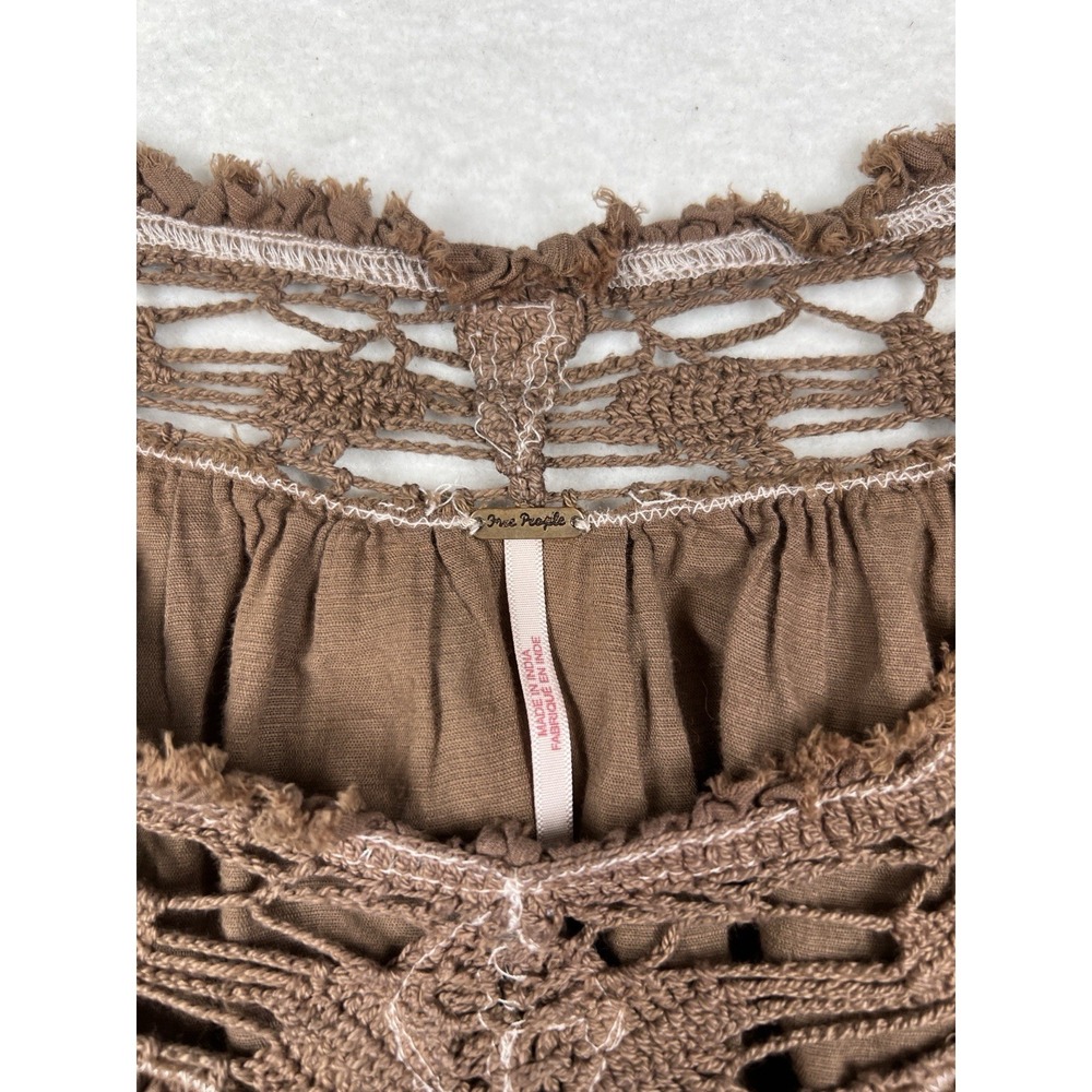 Free People Women's Embroidered Puff Sleeve Brown Crop Top Size XS - Picture 3 of 12